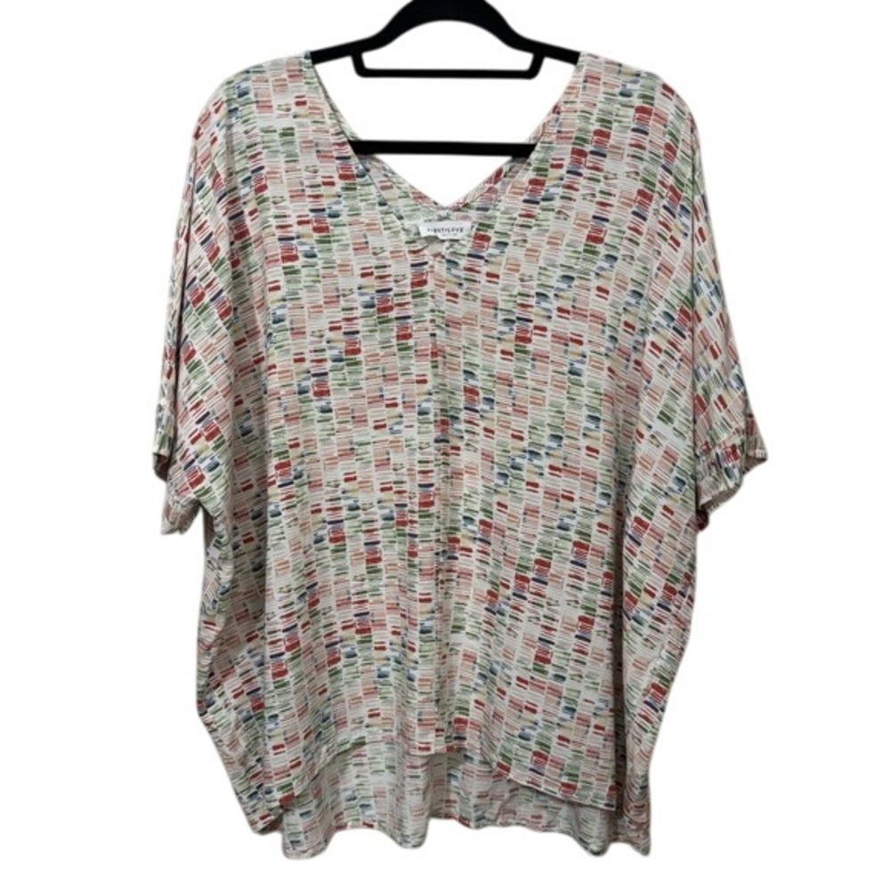 First Love Cream Boxy Short Sleeve Blouse Multicolored Rainbow‎ Stripes Blocks